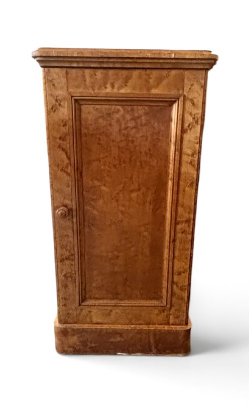 A 19th-century birds eye maple pedestal cupboard featuring a panelled door, turned wooden knob, and plinth base. View V