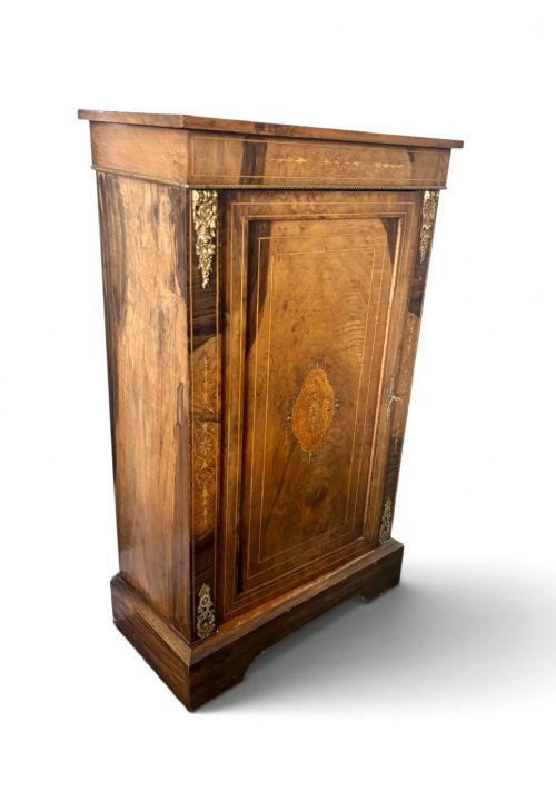 Narrow Victorian walnut and marquetry inlaid side cabinet View II