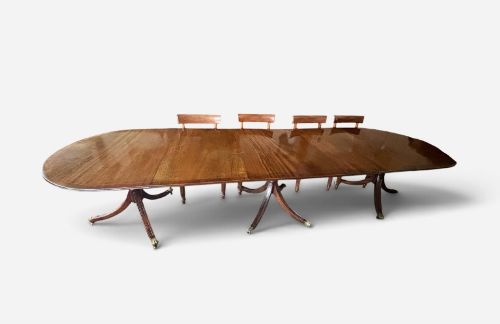 Large Regency Design Mahogany and Inlaid Three Pillar Dining Table
