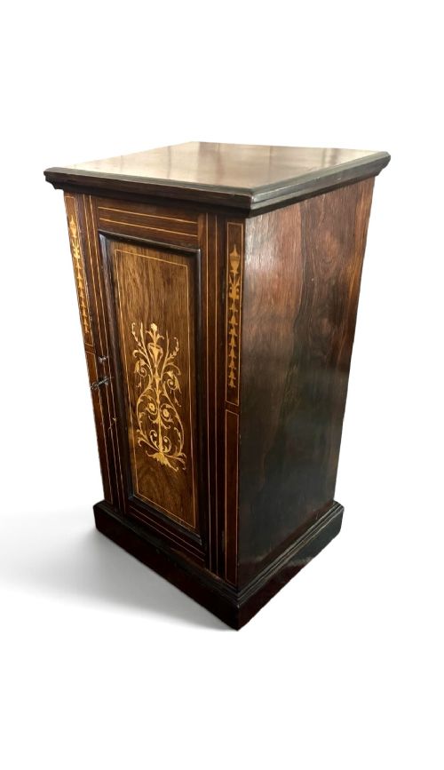 A narrow Victorian dark rosewood single-door cabinet featuring detailed satinwood floral and urn marquetry inlay. View V