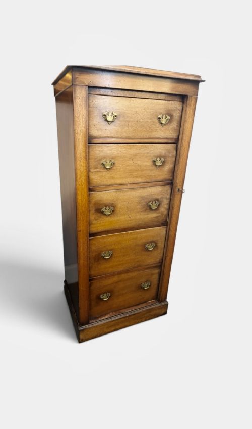 A tall, narrow Edwardian mahogany Wellington chest featuring five graduated drawers with brass handles and a hinged side locking bar on a plinth base. View IV