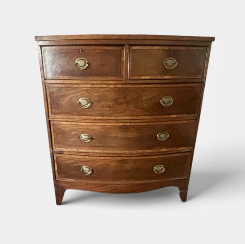 Regency Mahogany and Satinwood Banded Bow Front Chet of Drawers