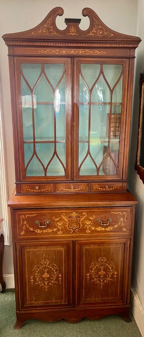 Edwardian Mahogany & Satinwood Inlaid Secretaire Bookcase