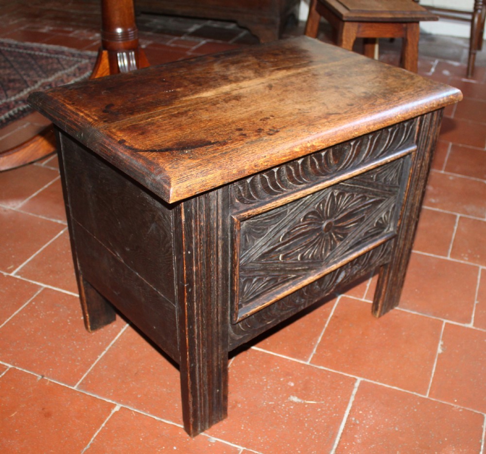 Small late19th century carved oak coffer View III