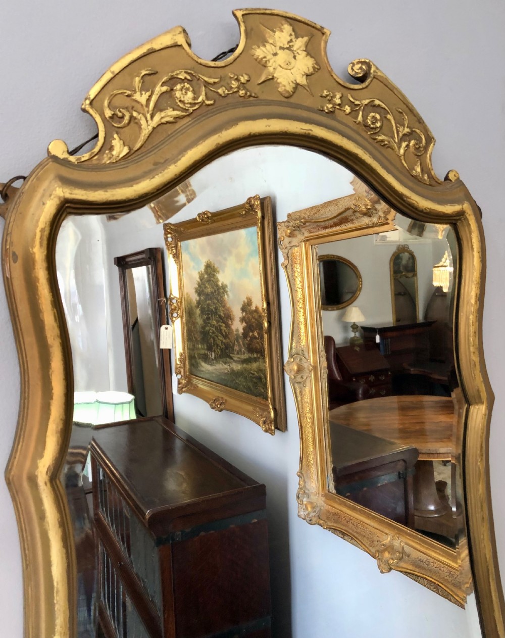 19th century gilt wood Cartouche shape wall mirror.  View V
