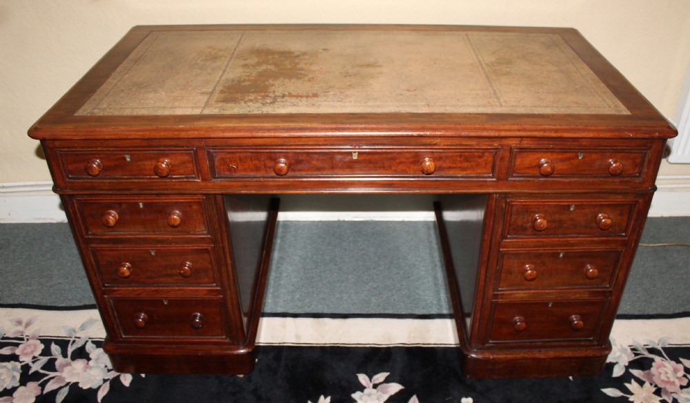 Large Victorian mahogany pedestal desk with leather top View II
