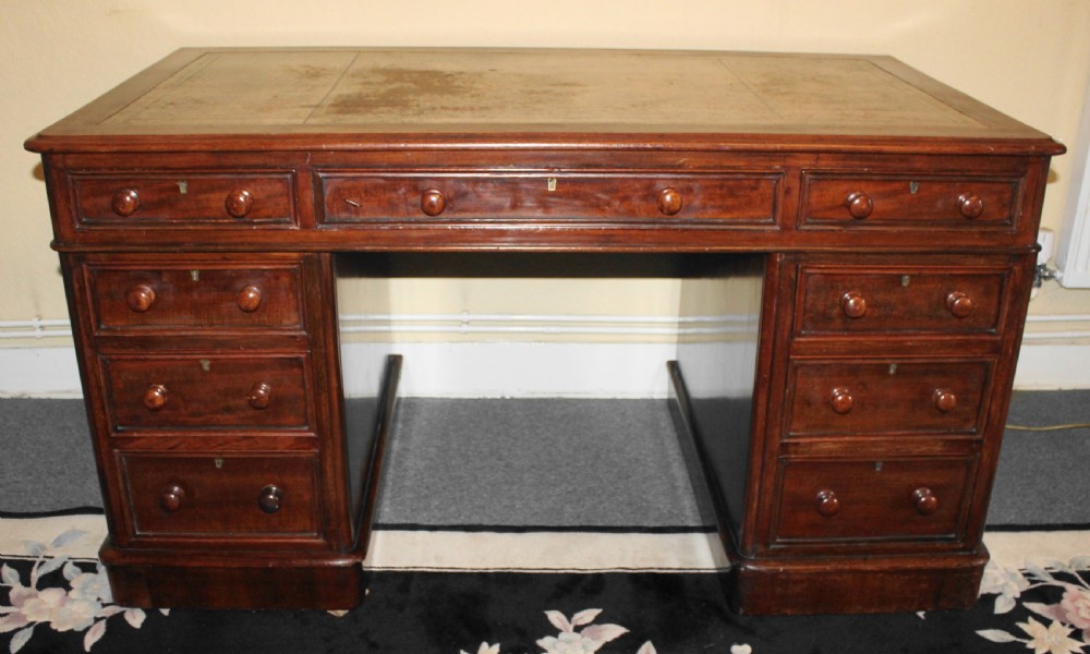 Large Victorian mahogany pedestal desk with leather top View III