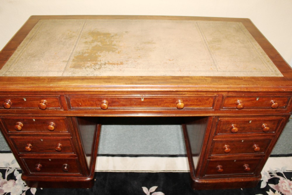 Large Victorian mahogany pedestal desk with leather top View IX