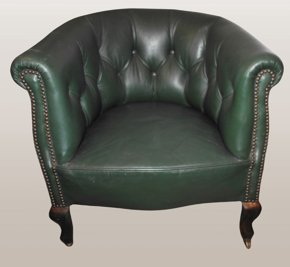 Edwardian mahogany leather upholstered tub armchair View II