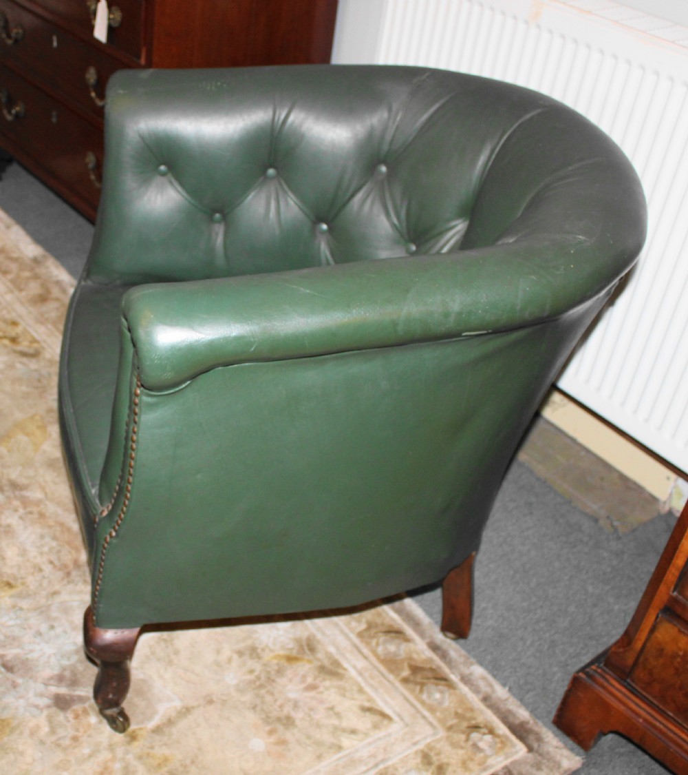 Edwardian mahogany leather upholstered tub armchair View VI