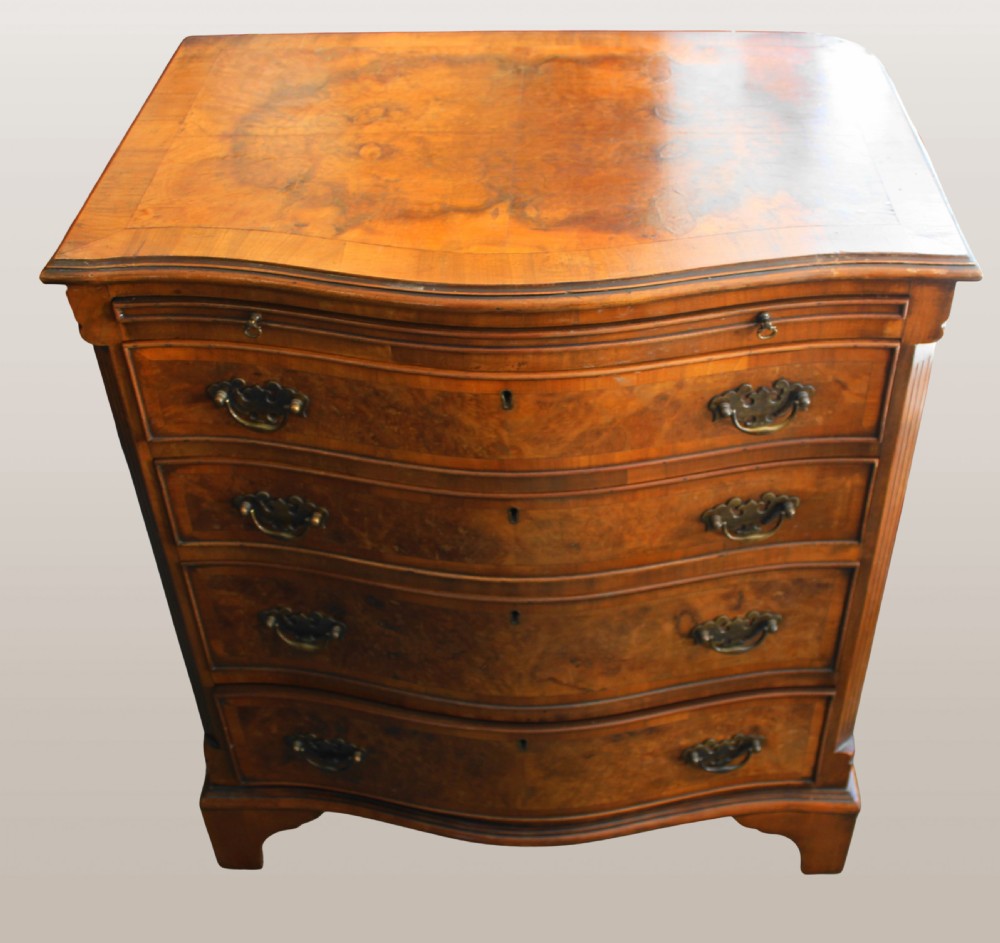 Georgian design small burr walnut serpentine chest of drawers View II