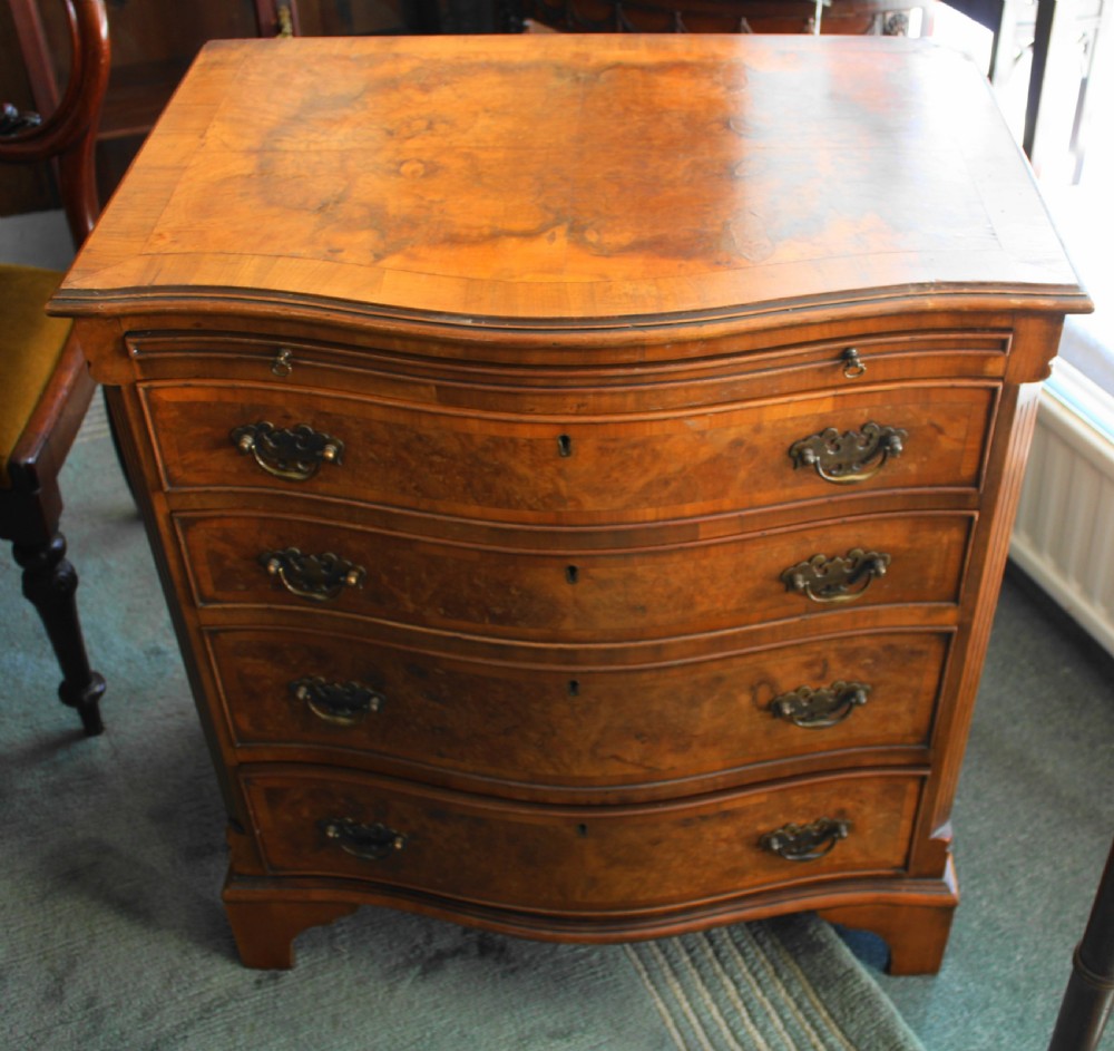 Georgian design small burr walnut serpentine chest of drawers View IV