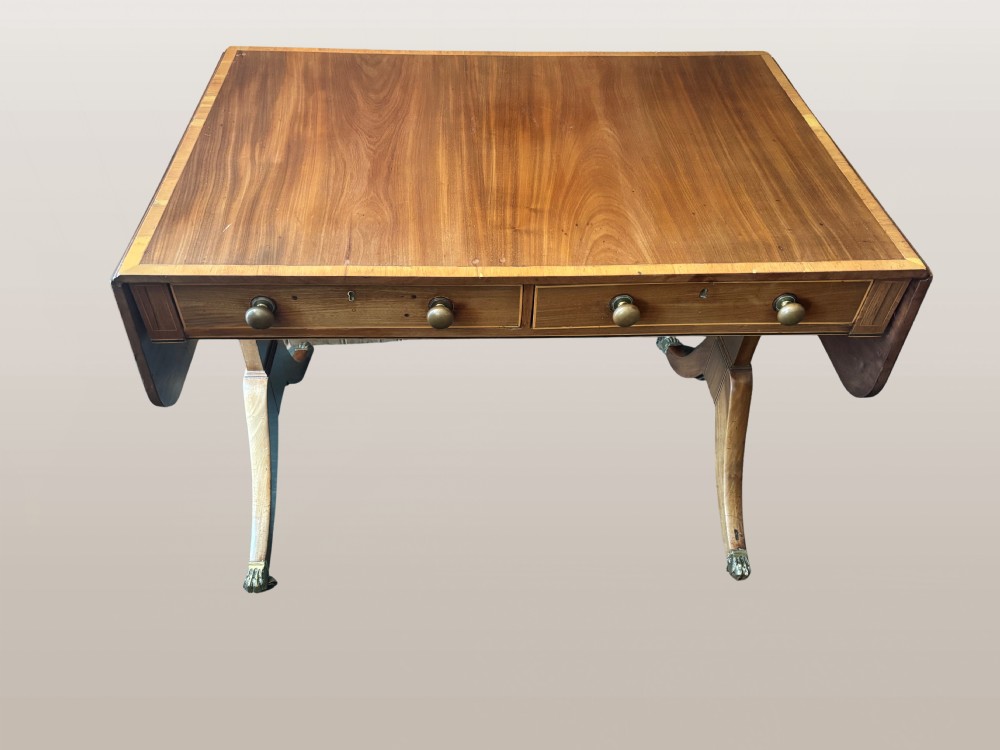 Small Regency mahogany and satinwood inlaid sofa table