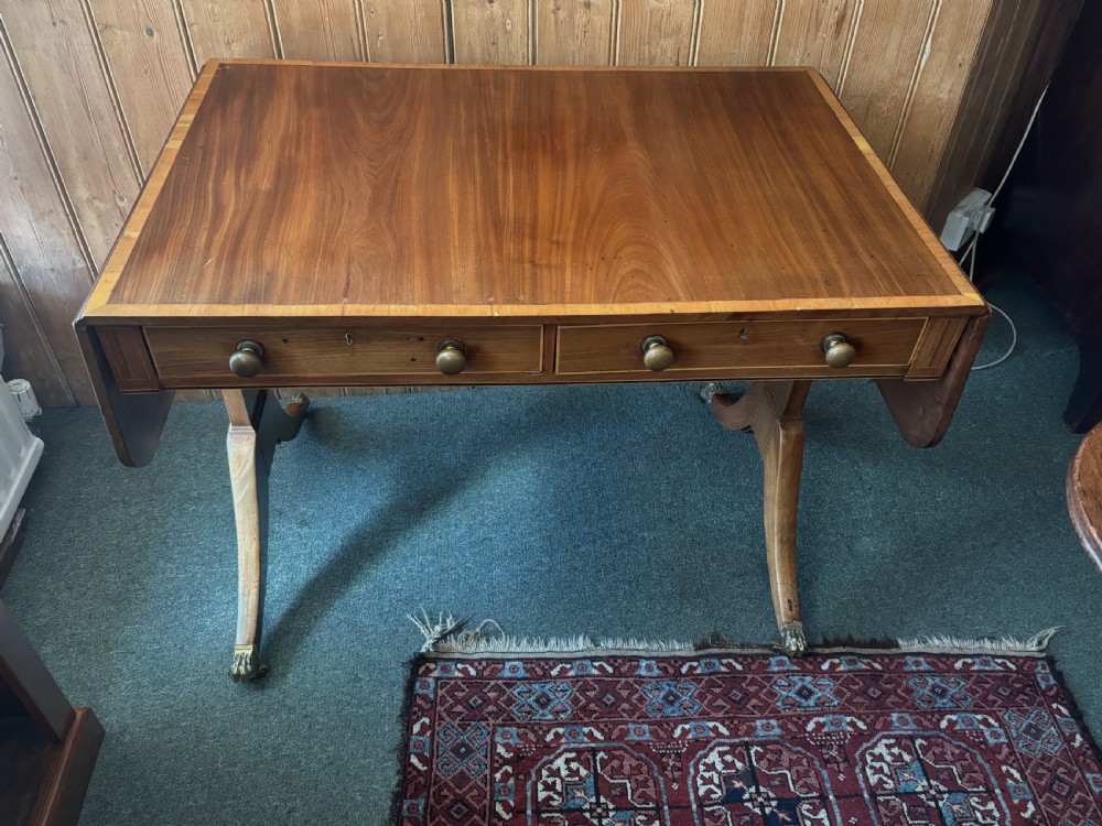 Small Regency mahogany and satinwood inlaid sofa table View X