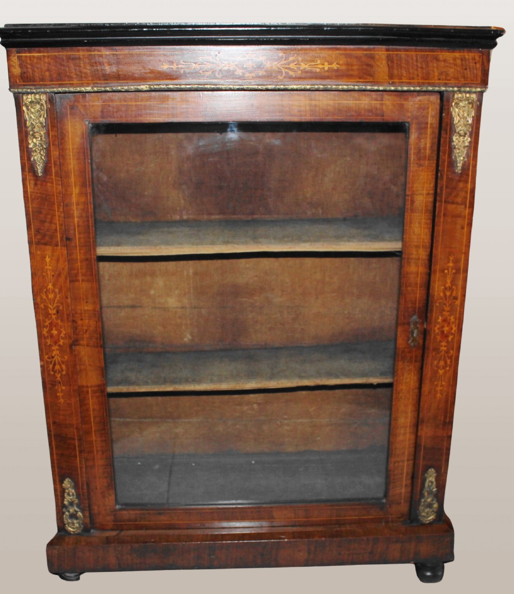 Victorian walnut and satinwood inlaid glazed bookcase