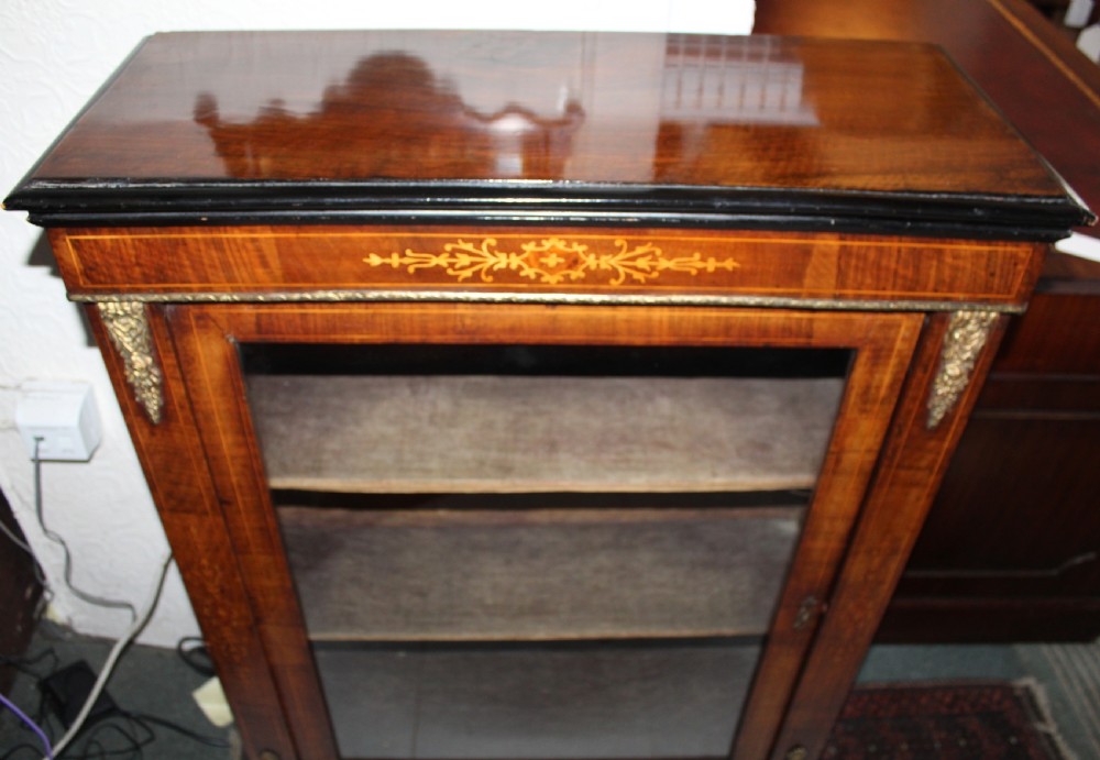 Victorian walnut and satinwood inlaid glazed bookcase View II
