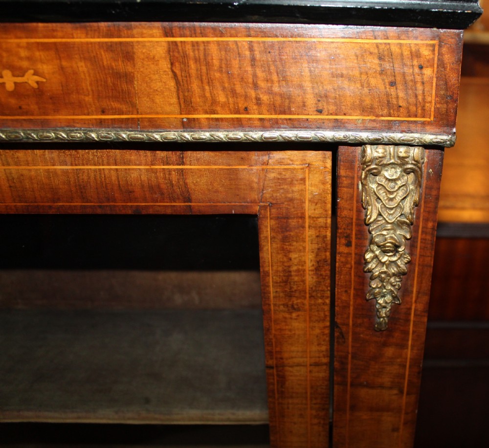 Victorian walnut and satinwood inlaid glazed bookcase View IV