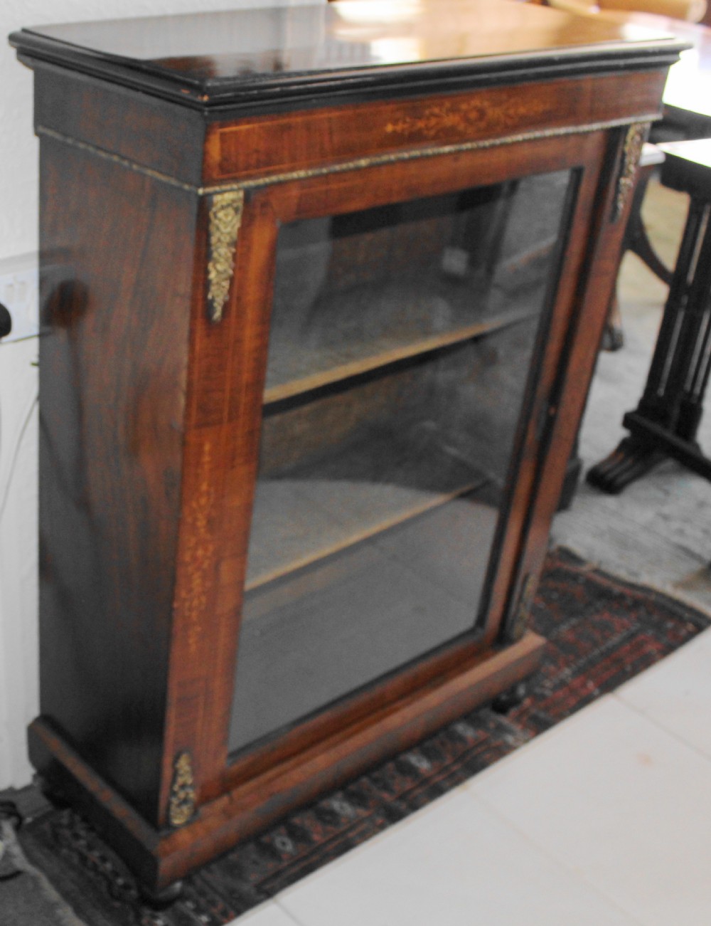 Victorian walnut and satinwood inlaid glazed bookcase View V