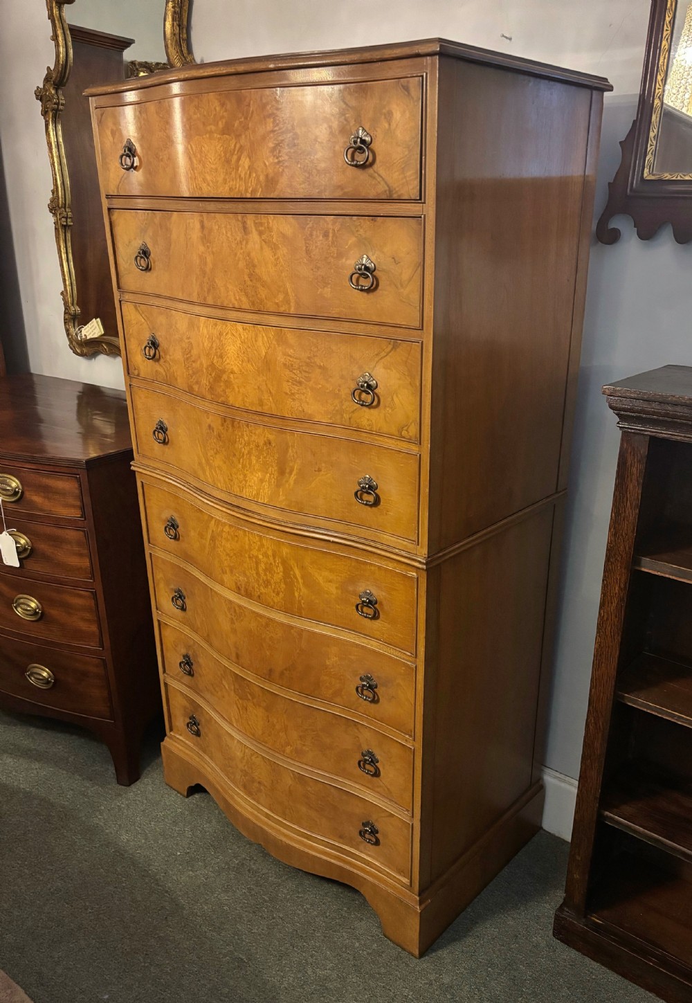 Early 20th century figured walnut Serpentine chest on chest  View II