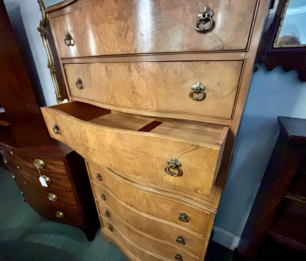 Early 20th century figured walnut Serpentine chest on chest  View IV