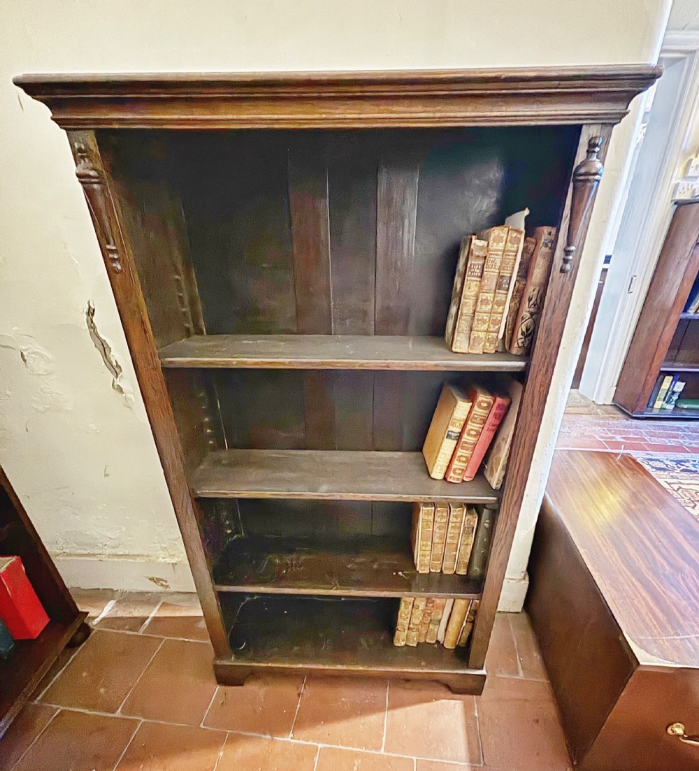 Edwardian Arts and Crafts oak open bookcase View II