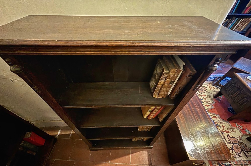 Edwardian Arts and Crafts oak open bookcase View III
