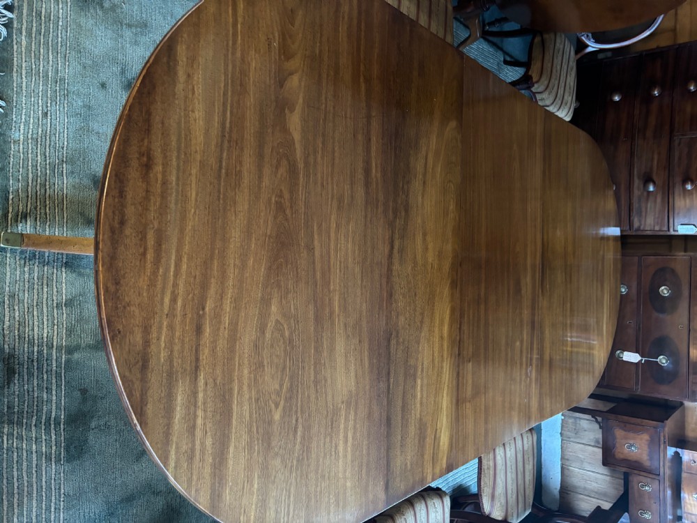 Fine quality 19th century figured mahogany Regency design twin pillar dining table View V