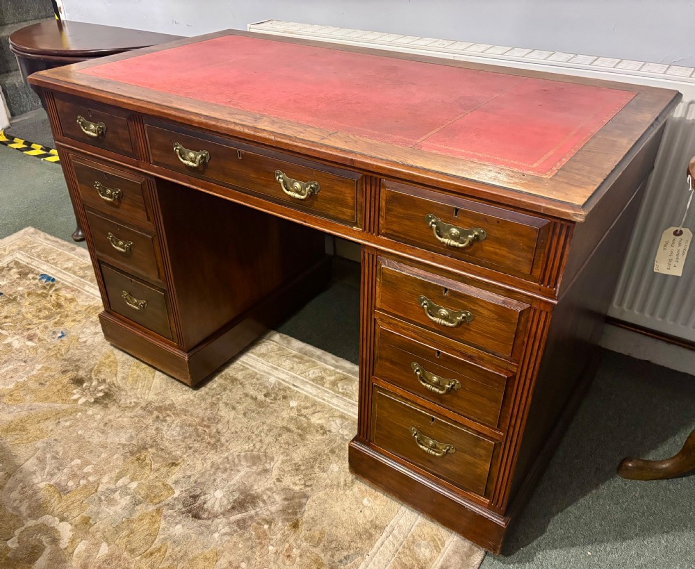 Victorian walnut  pedestal desk with leather top View X