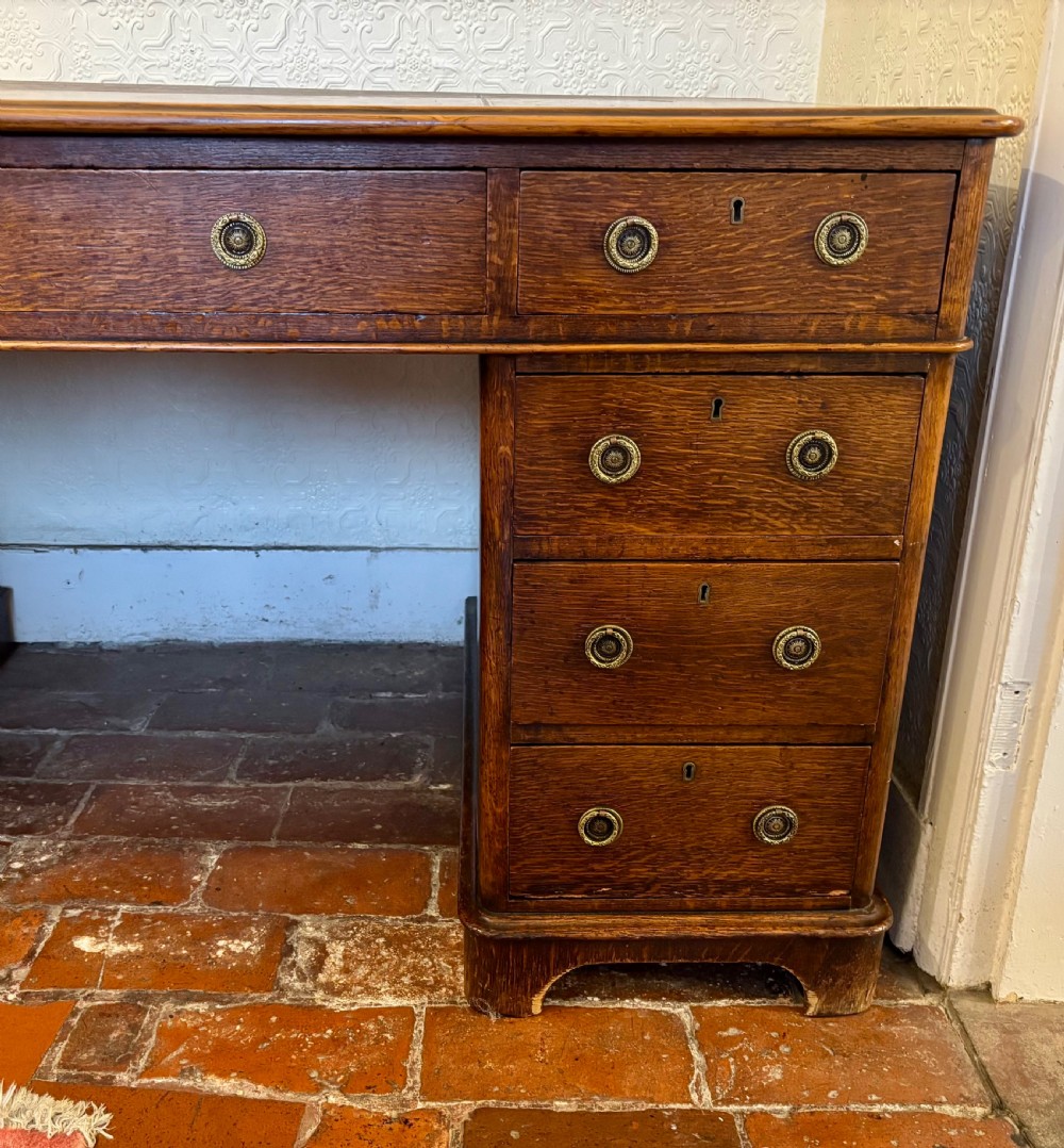 Victorian oak pedestal desk with leather gilt tooled top View VI