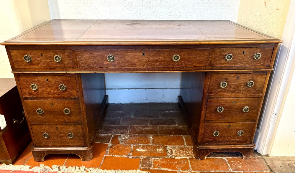 Victorian oak pedestal desk with leather gilt tooled top View X