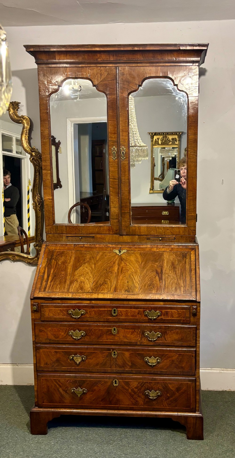 Fine quality George II figured walnut bureau bookcase