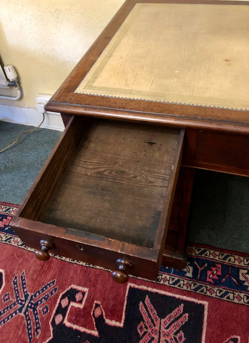 Victorian mahogany pedestal desk with leather top View XI