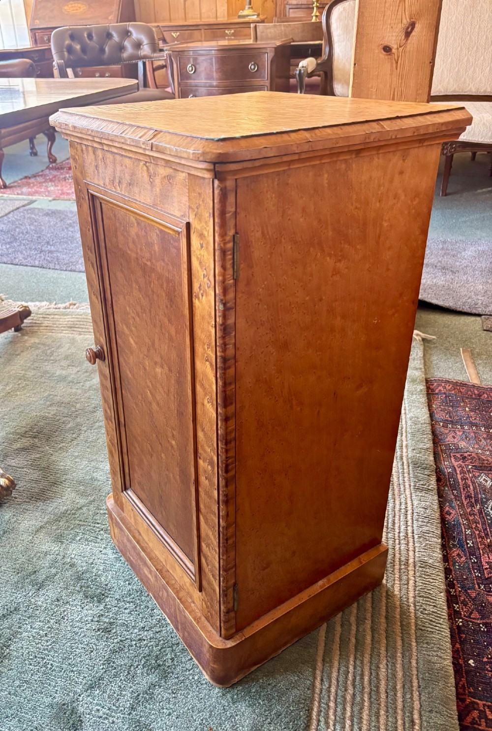 A 19th-century birds eye maple pedestal cupboard featuring a panelled door, turned wooden knob, and plinth base. View VII