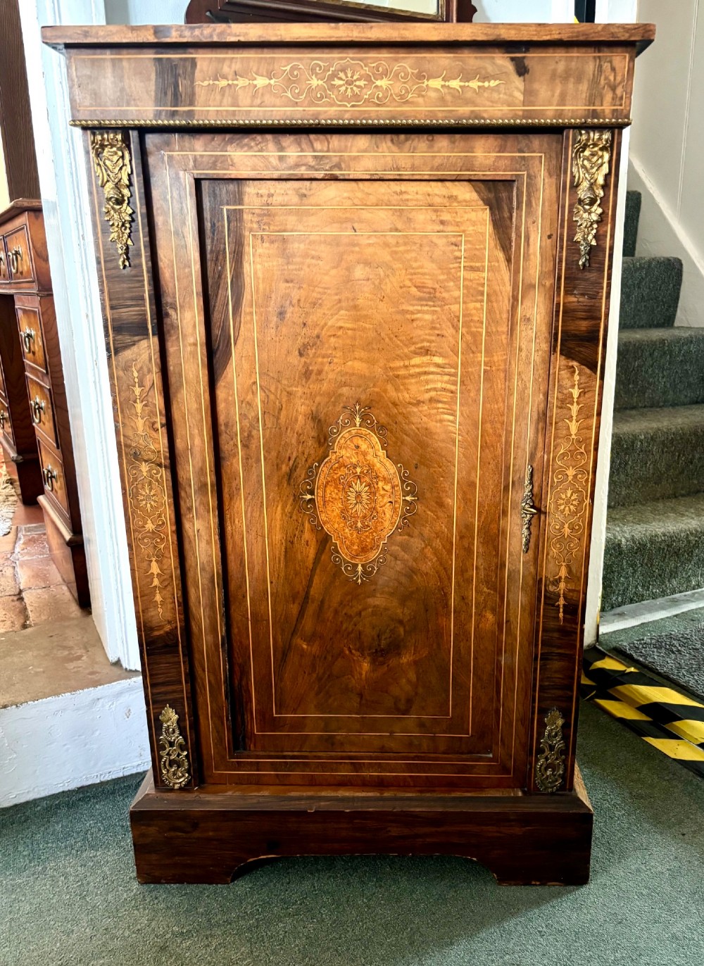 Narrow Victorian walnut and marquetry inlaid side cabinet