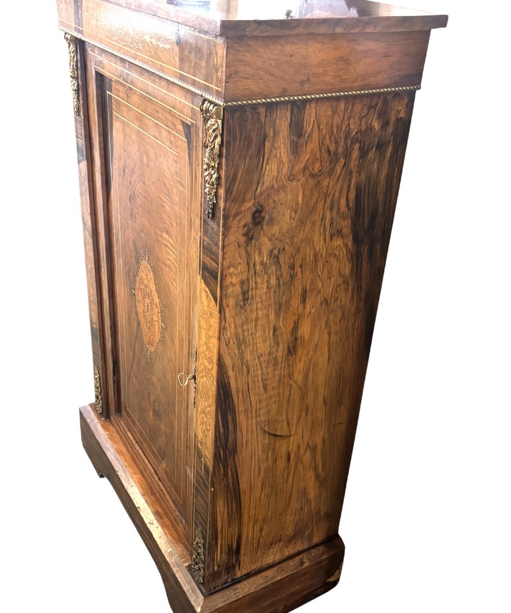 Narrow Victorian walnut and marquetry inlaid side cabinet View V