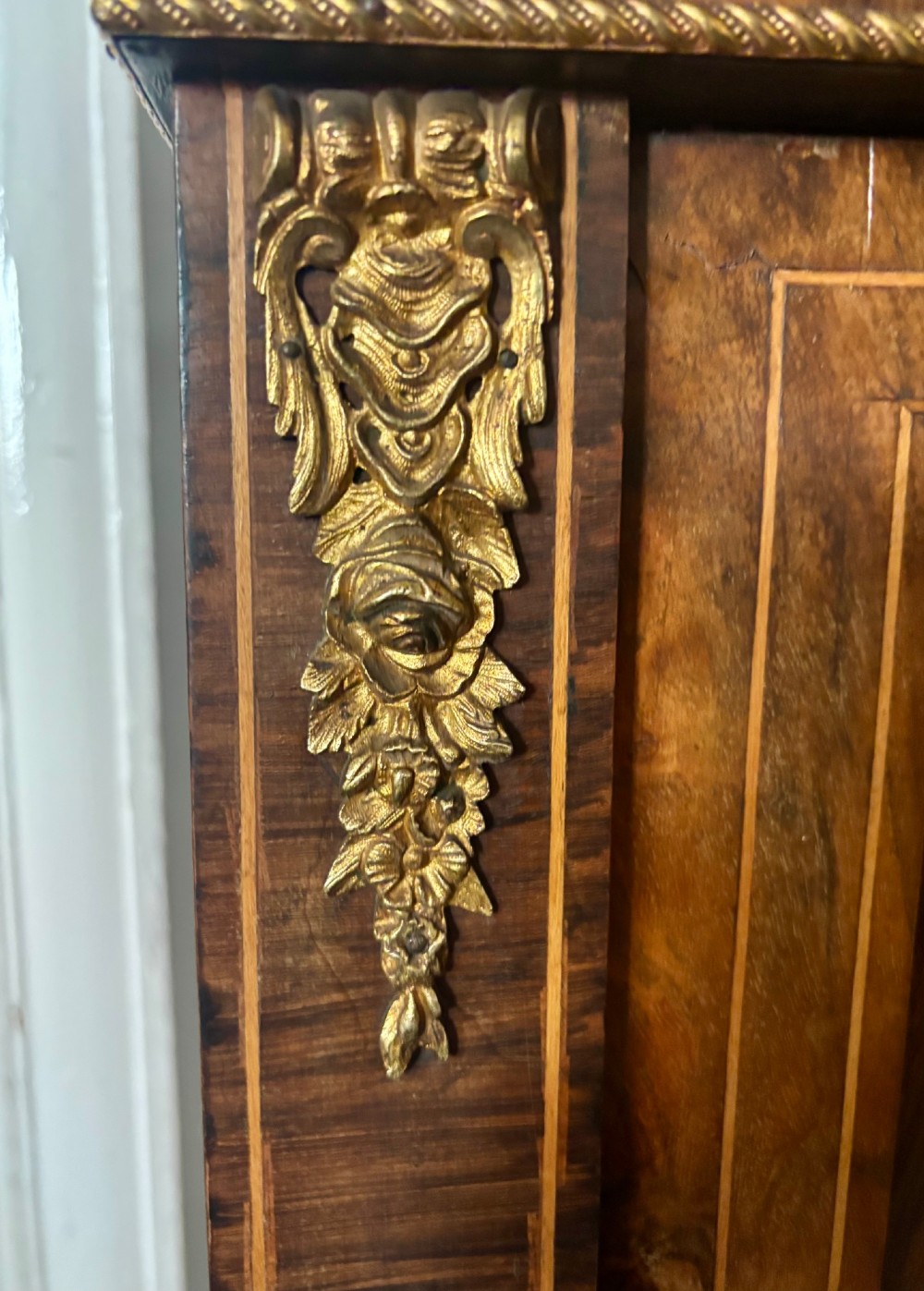 Narrow Victorian walnut and marquetry inlaid side cabinet View X