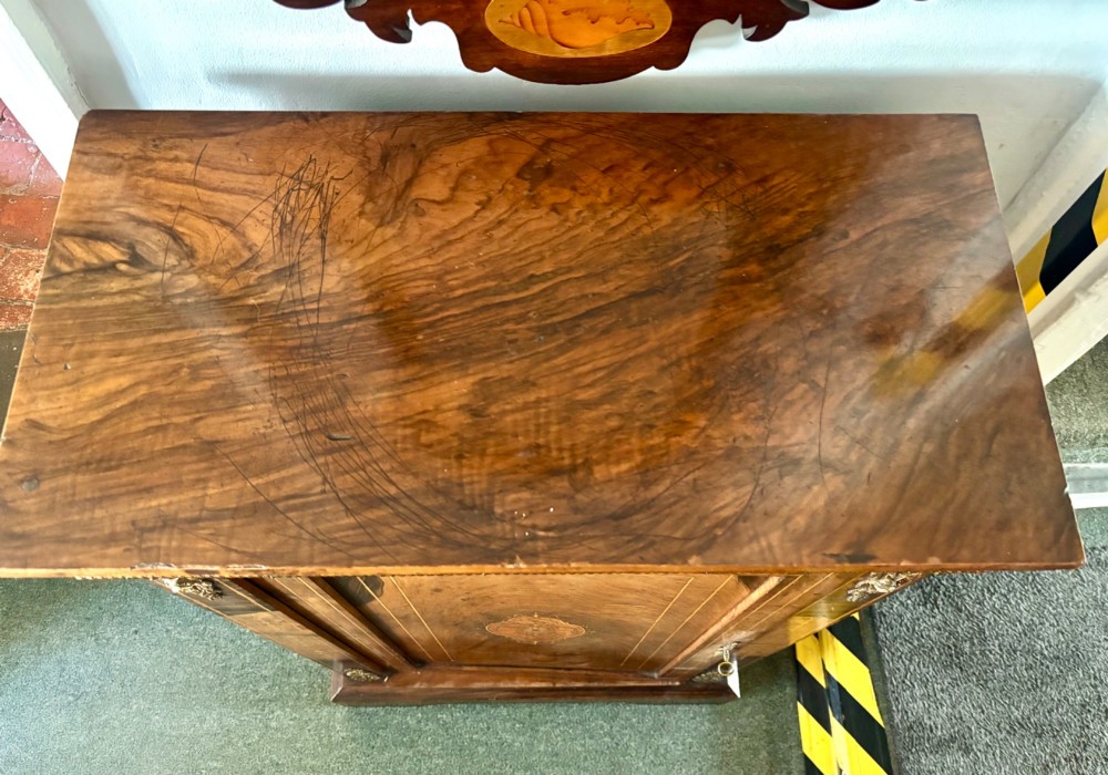 Narrow Victorian walnut and marquetry inlaid side cabinet View XI