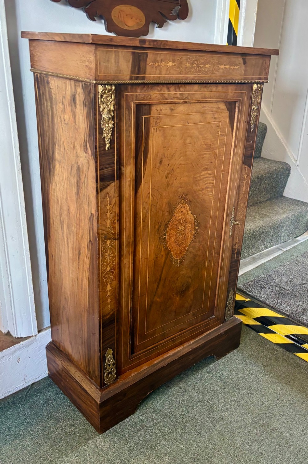Narrow Victorian walnut and marquetry inlaid side cabinet View XII