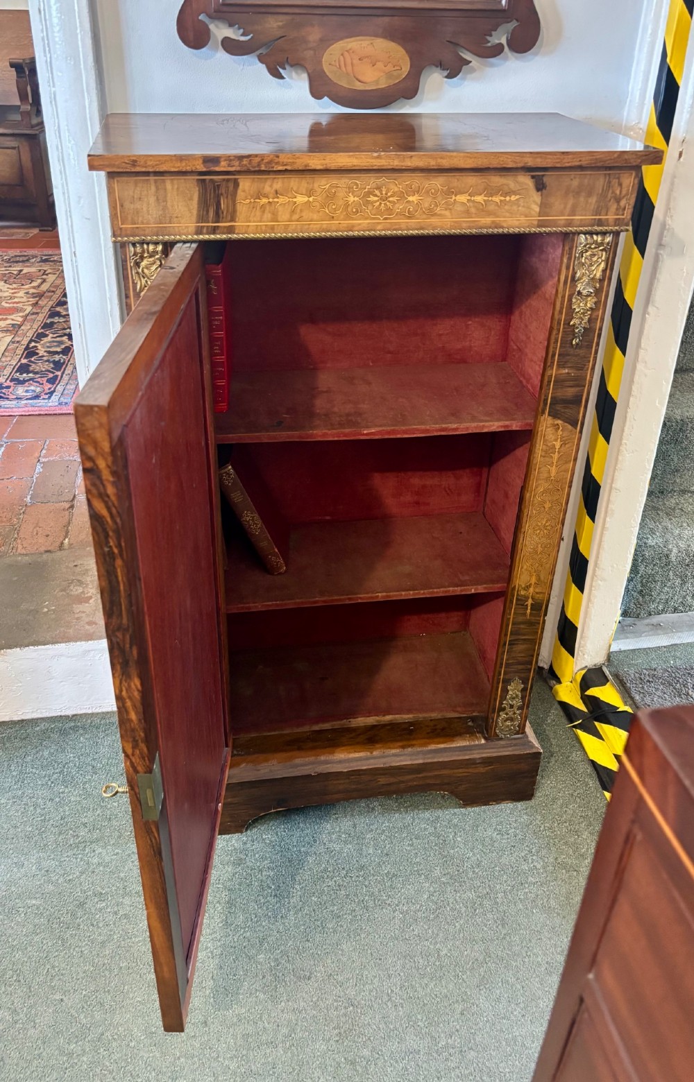 Narrow Victorian walnut and marquetry inlaid side cabinet View XIII