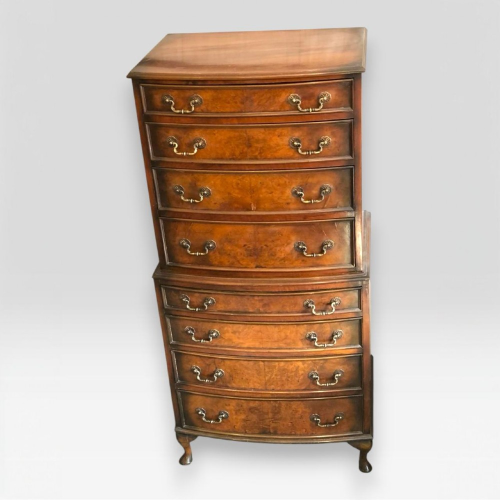 Small early 20th century Bow fronted walnut Tallboy