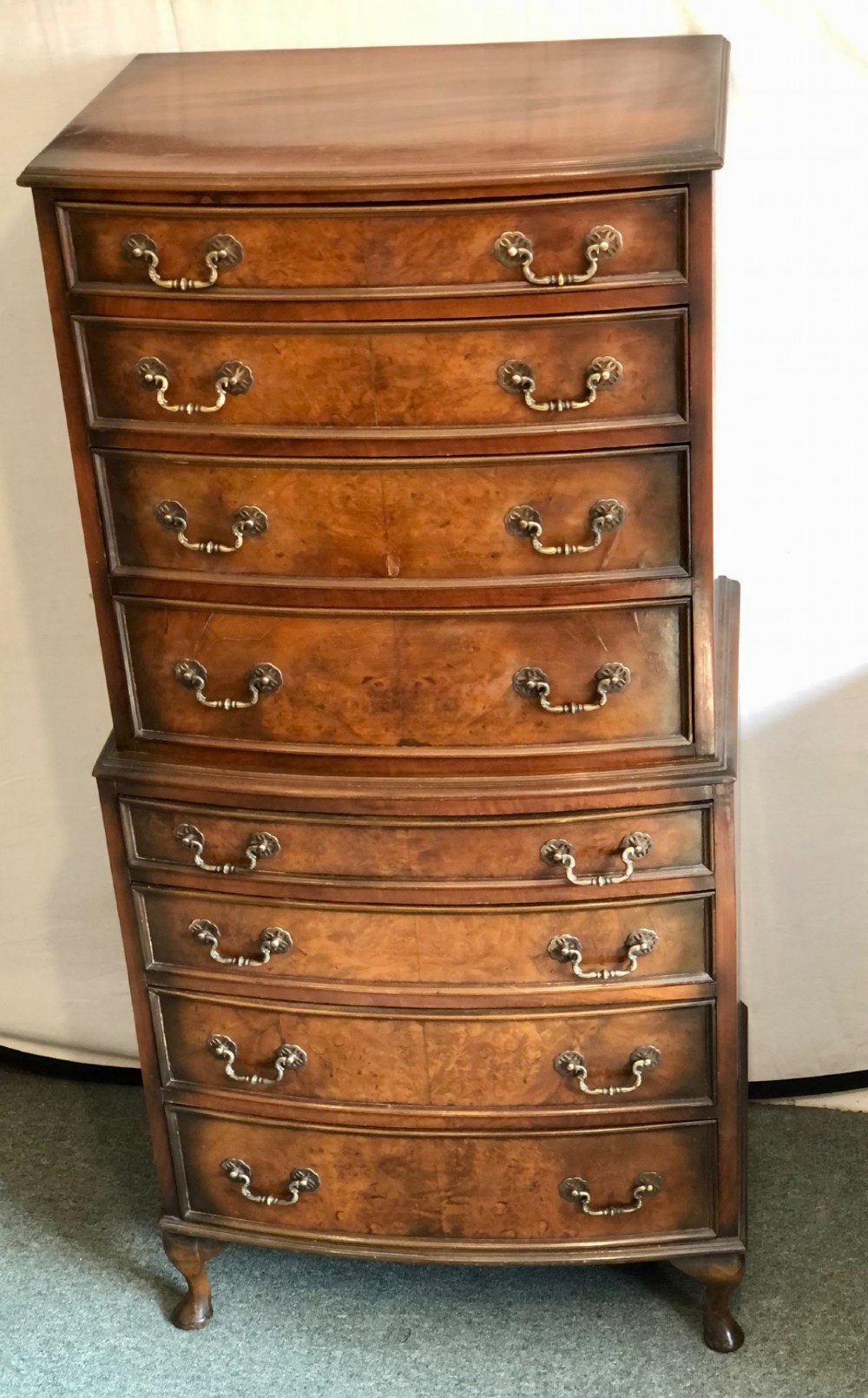 Small early 20th century Bow fronted walnut Tallboy View II