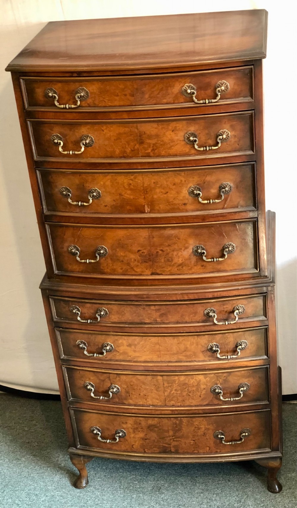 Small early 20th century Bow fronted walnut Tallboy View III
