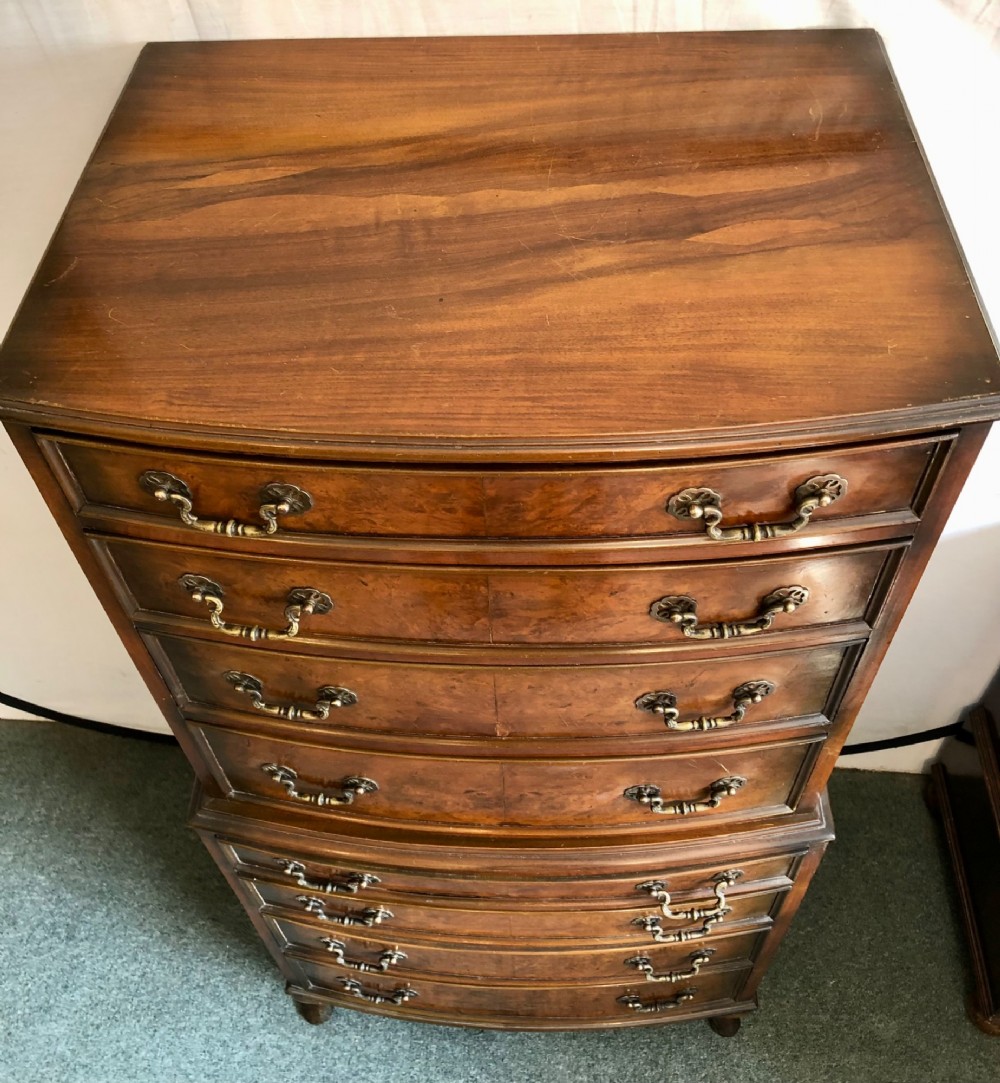 Small early 20th century Bow fronted walnut Tallboy View IV