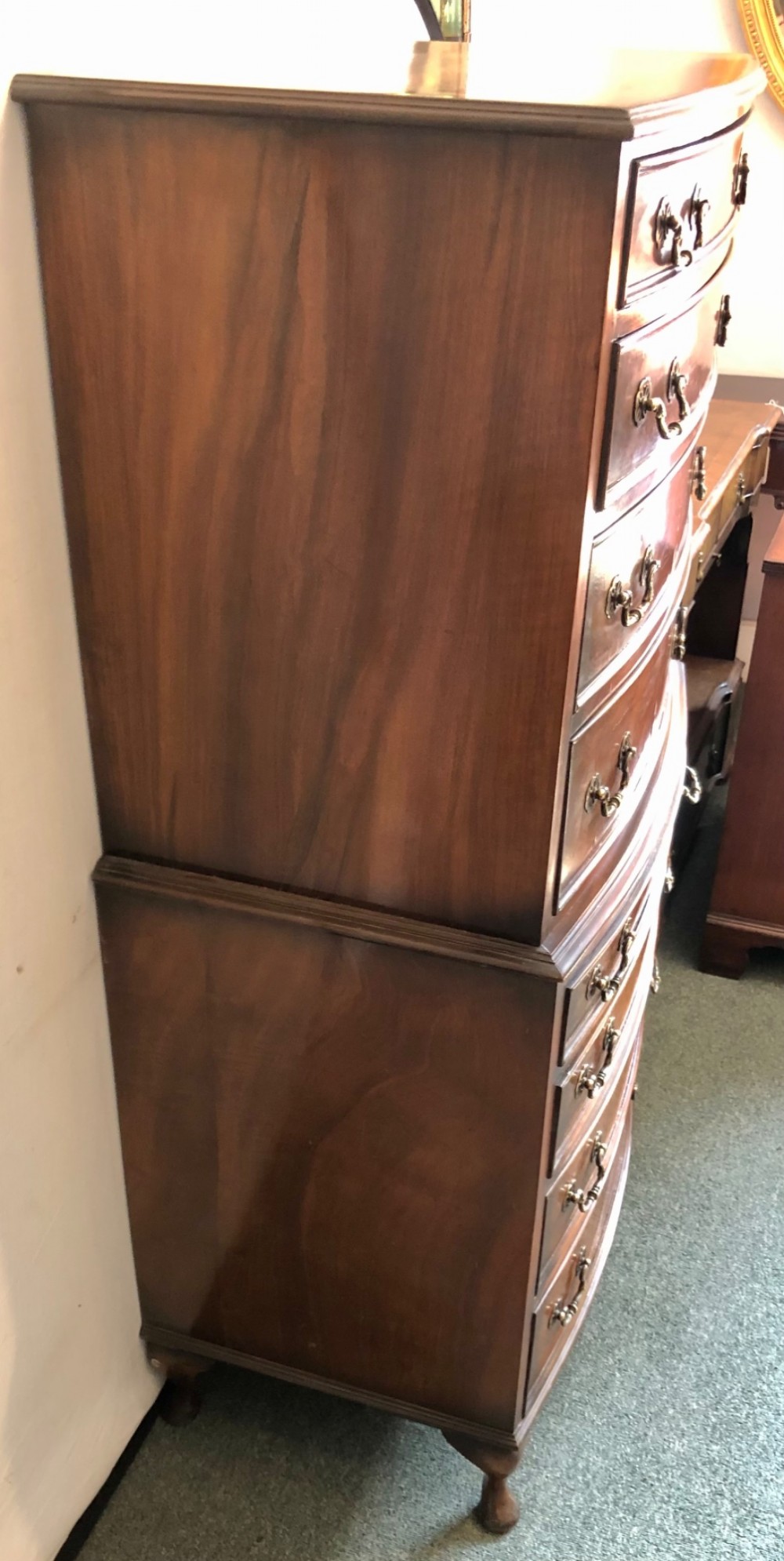Small early 20th century Bow fronted walnut Tallboy View V