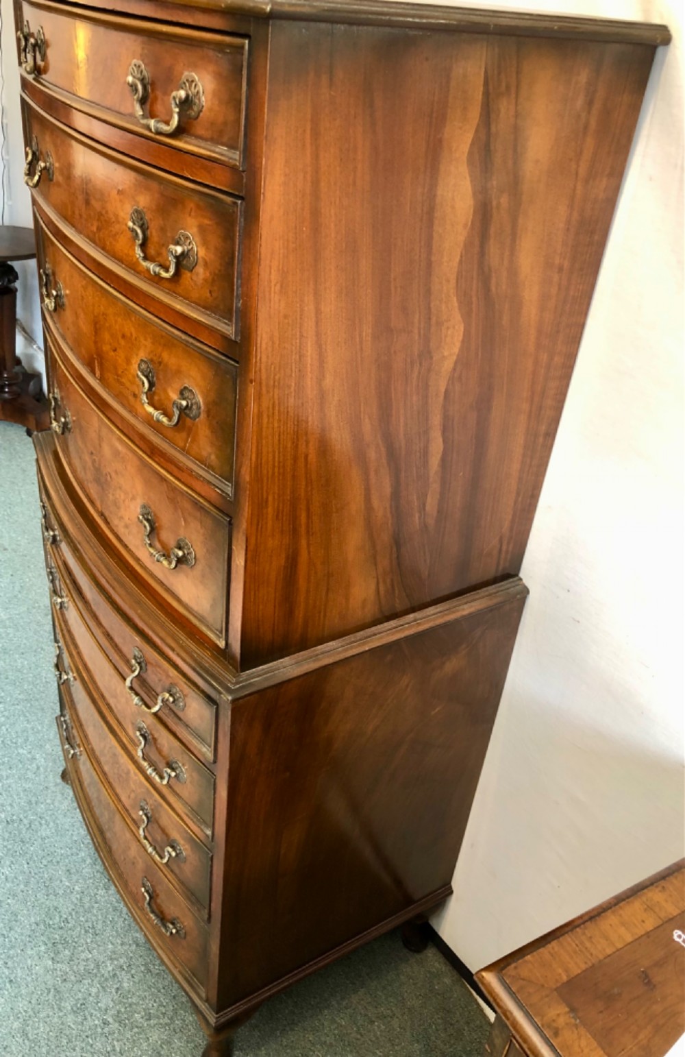 Small early 20th century Bow fronted walnut Tallboy View VI