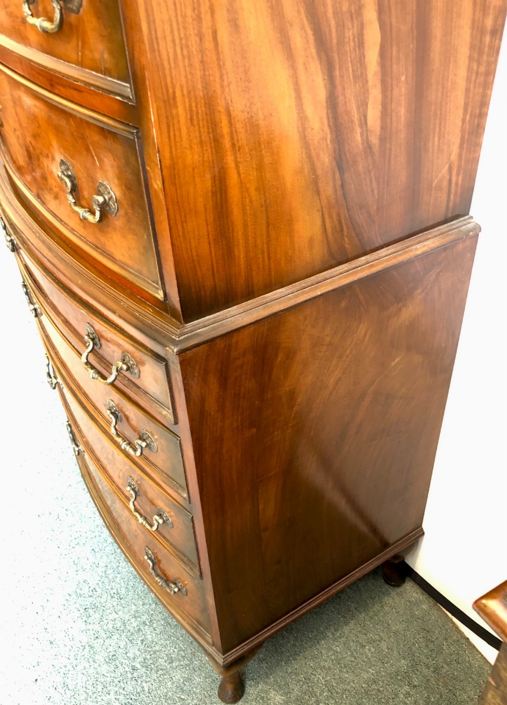 Small early 20th century Bow fronted walnut Tallboy View VII