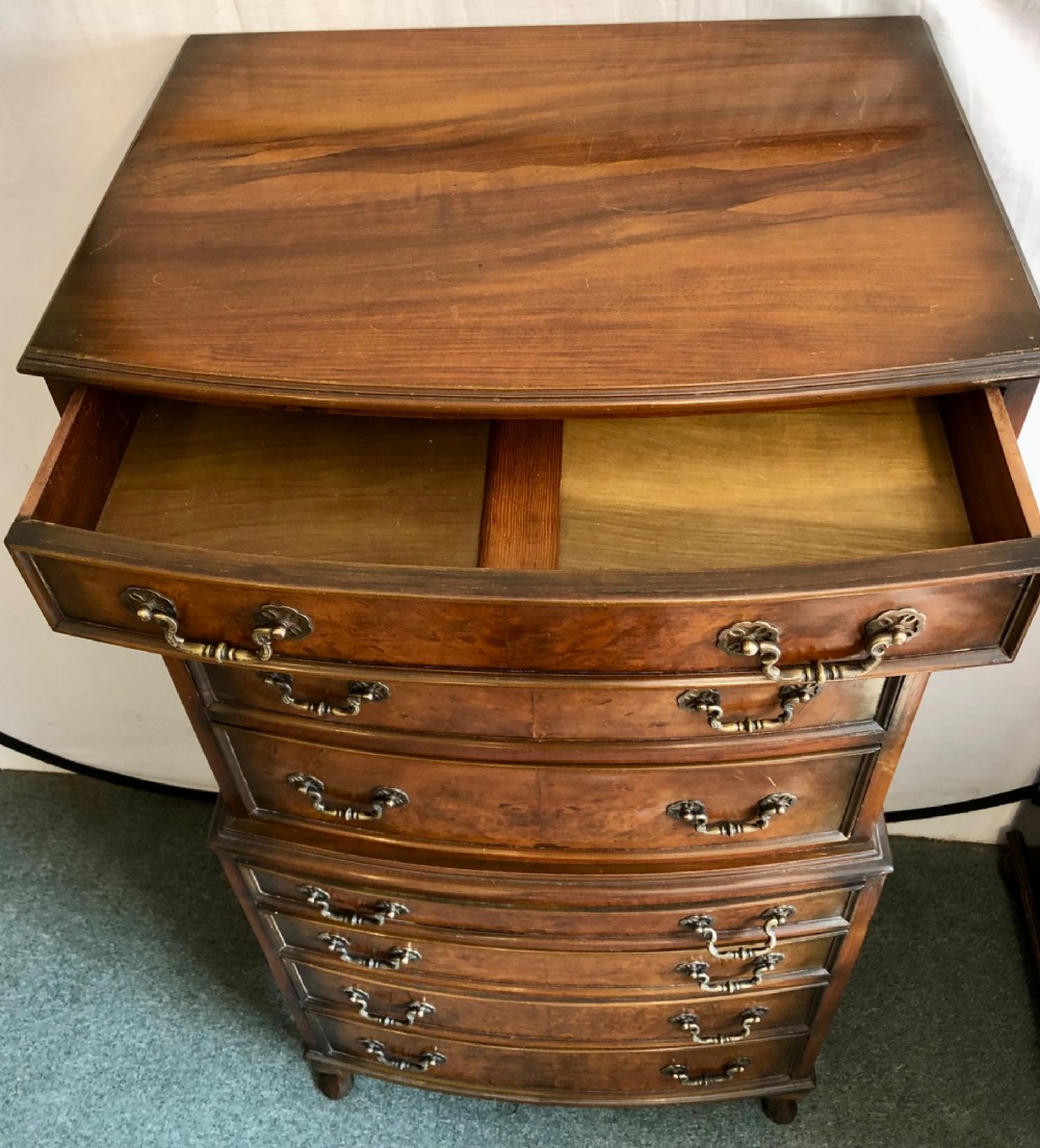 Small early 20th century Bow fronted walnut Tallboy View IX