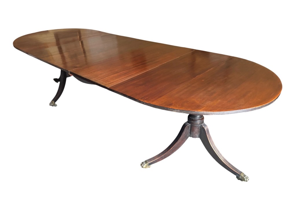 Large Regency design mahogany twin pillar dining table