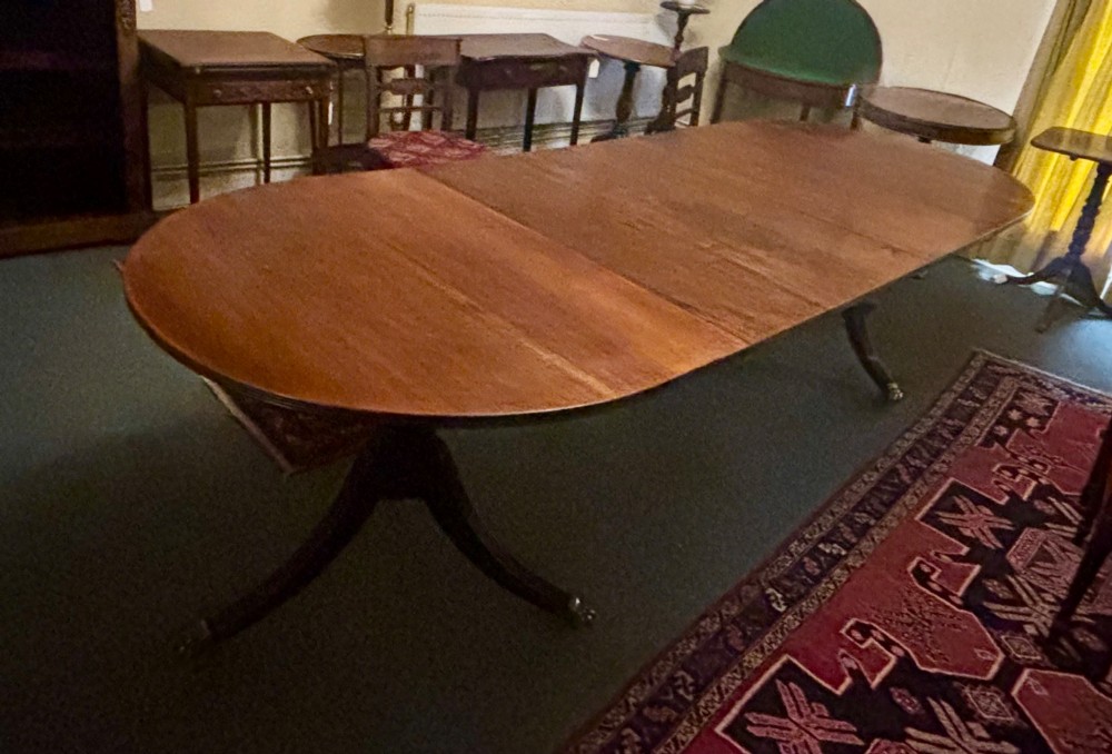 Large Regency design mahogany twin pillar dining table View VI