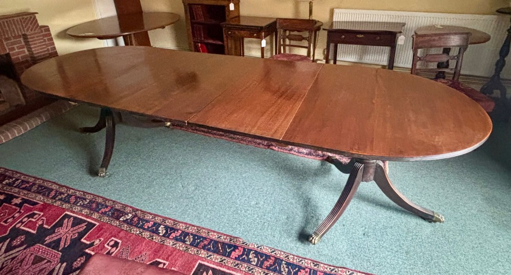 Large Regency design mahogany twin pillar dining table View IX